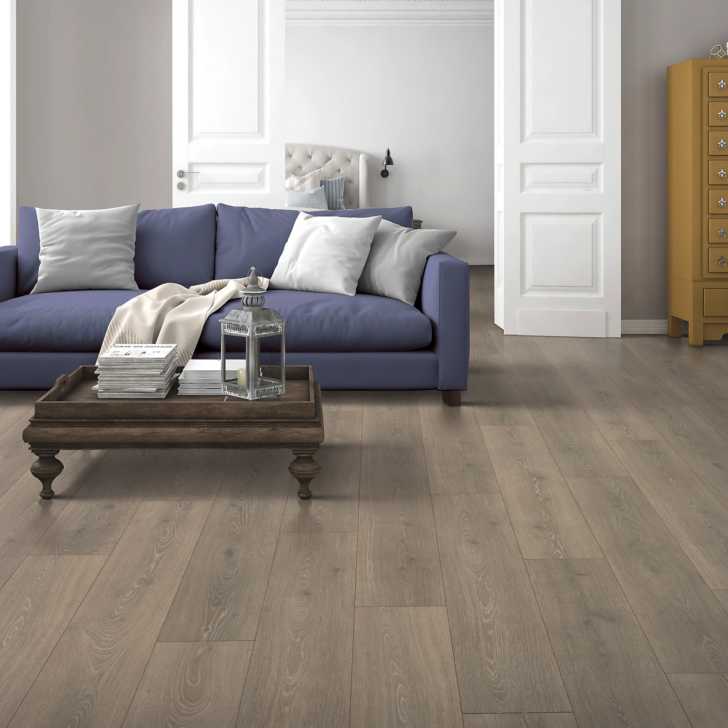 Water-resistant laminate flooring in a classic living room
